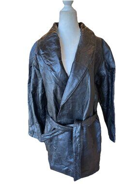 Navarre Leather Company Italian Stone Women's Large Belted Black Leather Coat